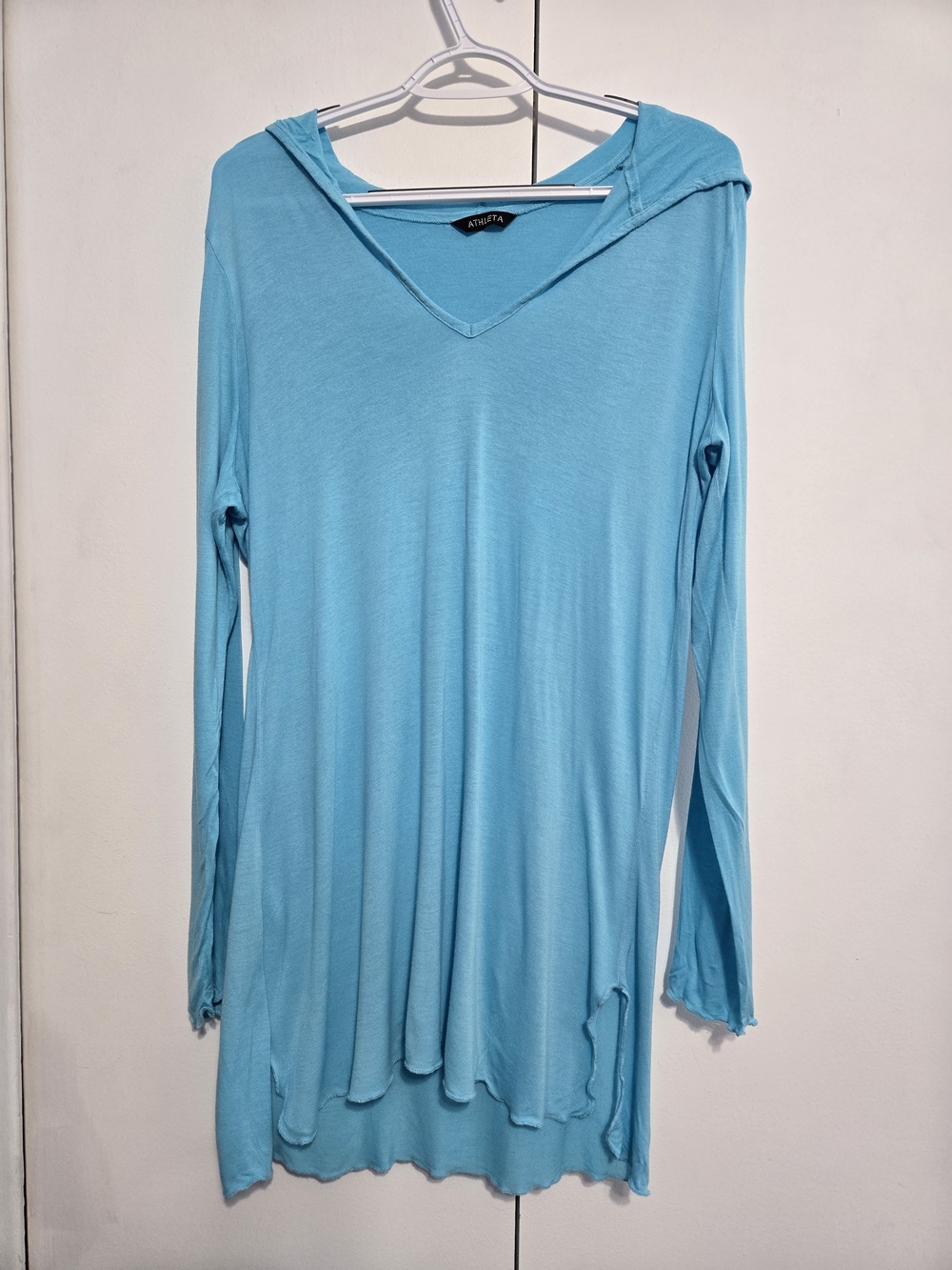Athleta Hooded Cover Up Tunic Top Aqua Blue Long Sleeve Stretch
